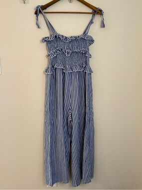 Tee Ink blue & white stripe ruffled jumpsuit lined SZ 8
